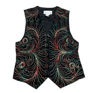 Erez Levy Embroidered Button Front Suede Leather Vest Black Womens Sz M Colorful